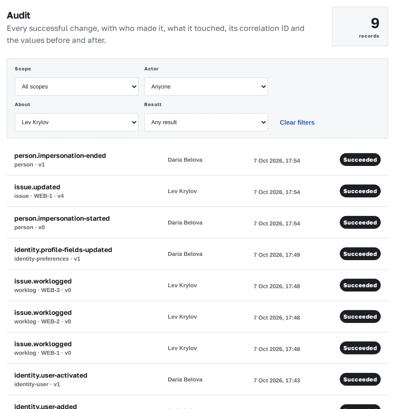 Audit event list with actors, times and targets