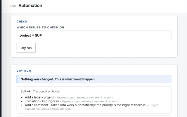 A rule's check report: two issues match the condition, each with the label, the transition and the comment listed under it