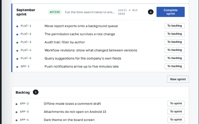 A scrum board: the running September sprint with six issues, and the backlog under it