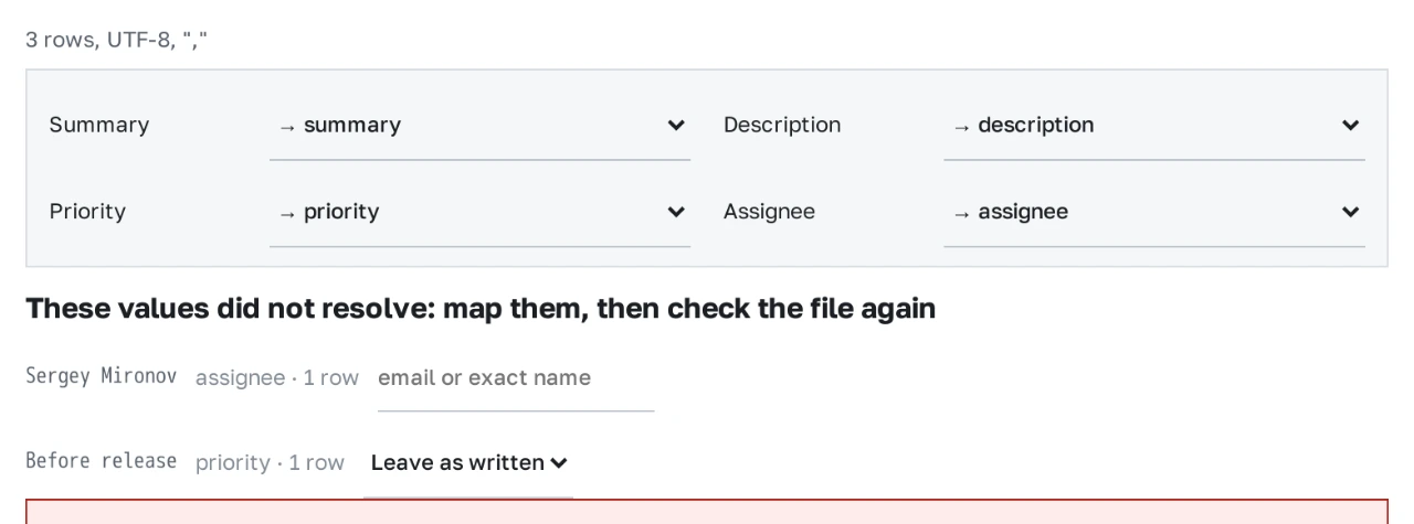 Validation results for three engineering CSV rows before import