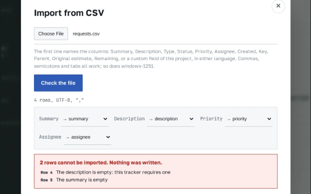 The CSV import preview: the columns mapped, and the two rows that cannot be imported with the reason for each