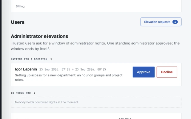 The administrator elevations section: a one-hour request from Igor Lapshin, with its reason and the decision buttons