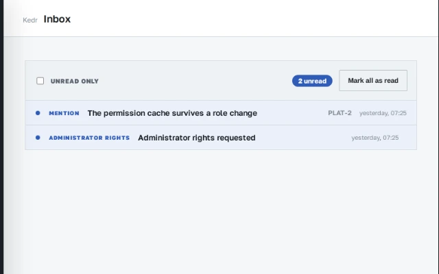 The inbox: rows for a comment, a mention and a rights request, each with its issue, its time and whether it has been read
