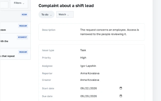An issue's fields: type, priority, assignee, reporter, dates, and a security level reading People matters