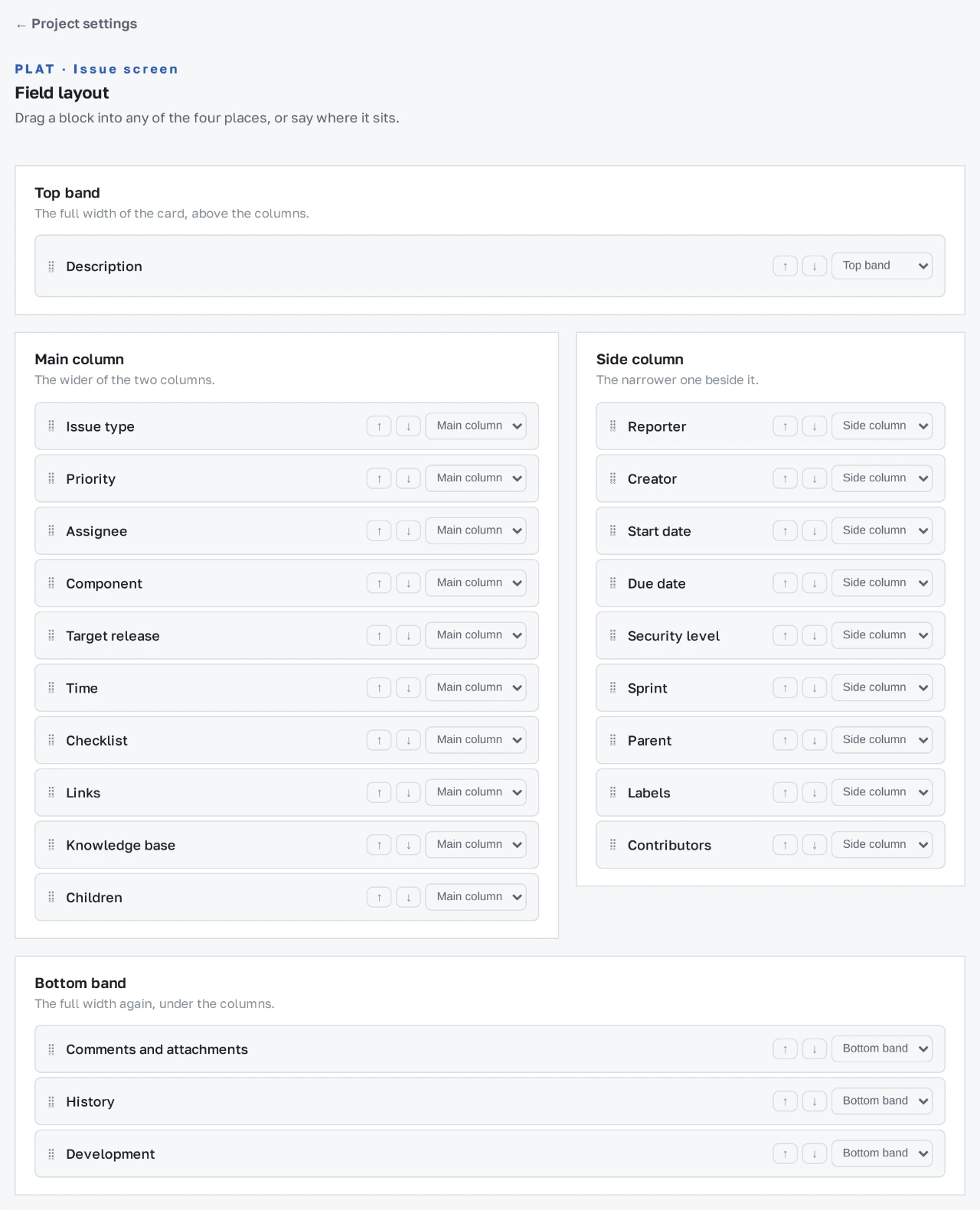 Project settings arrange issue fields across four screen regions