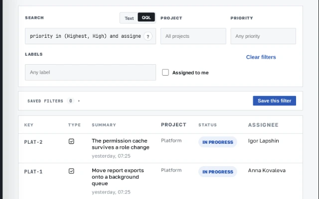 The issue search in QQL mode: the query priority in (Highest, High) and assignee is not empty, with the issues it found under it