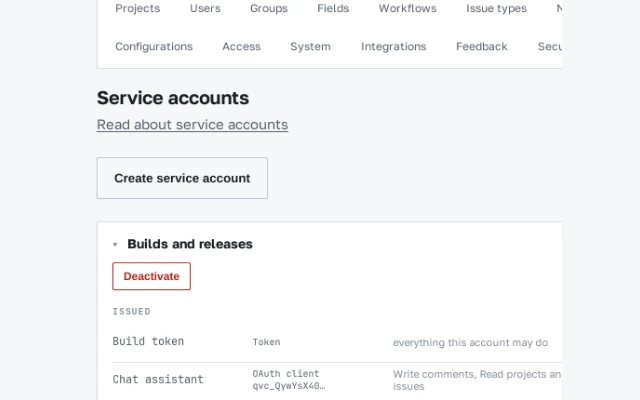 The service accounts section: the account Builds and releases, with a token and an OAuth client and the rights each one holds