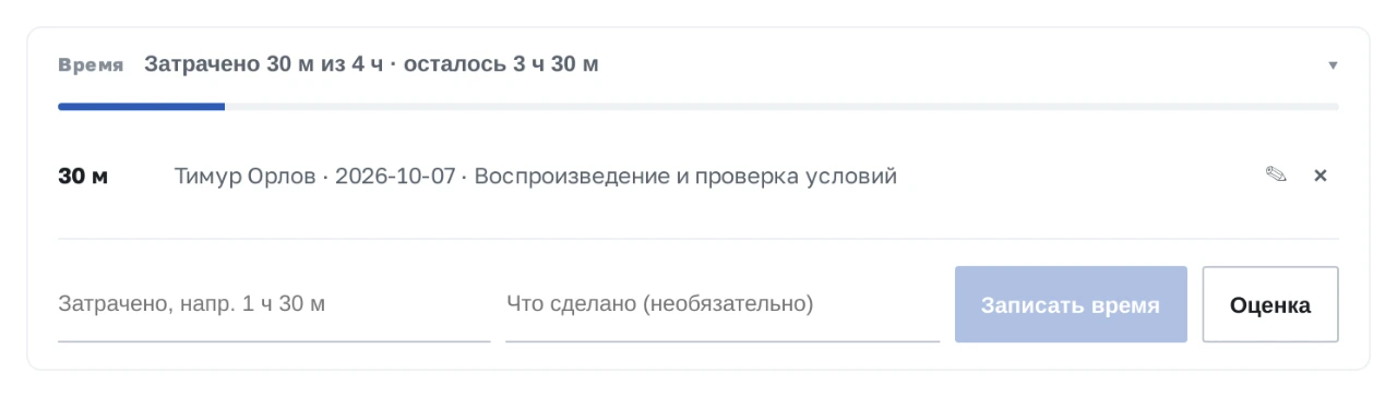 Развернутый учет времени с оценкой, автором записи, датой и комментарием